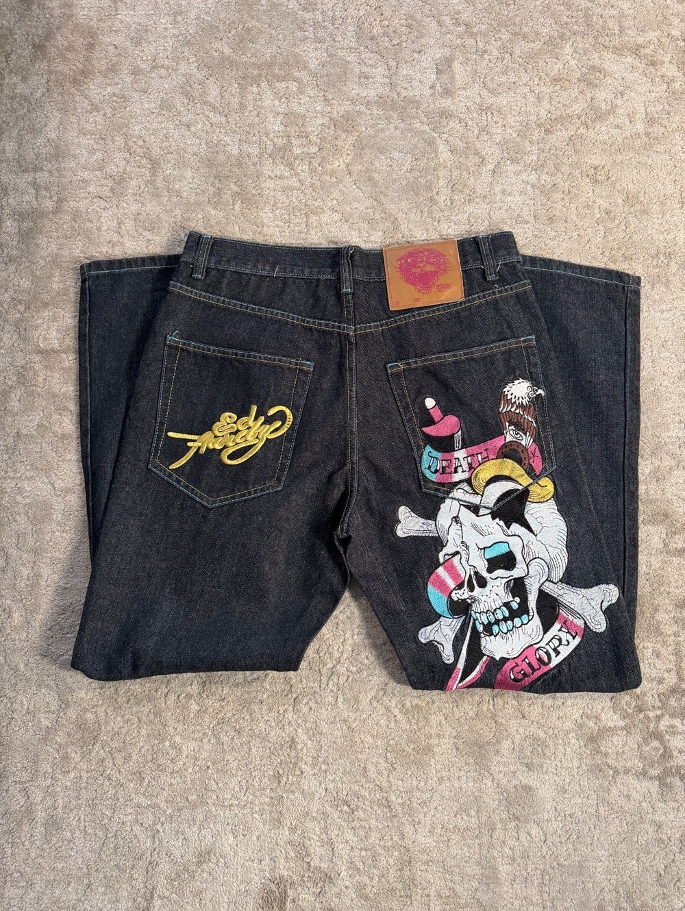 Ed Hardy Men's Black Denim Jeans with Colorful Skull and Crossbones Design